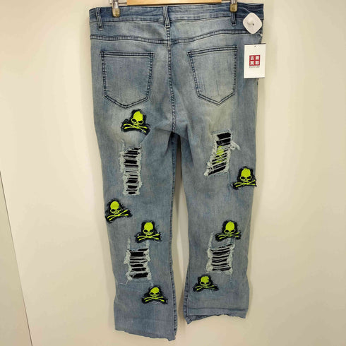 FAIR FOCUS スカル刺繍 ダメージ加工 ストレートデニムパンツ メンズ  XXL